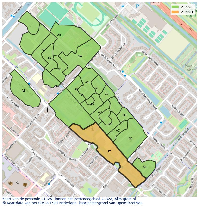 Afbeelding van het postcodegebied 2132 AT op de kaart.