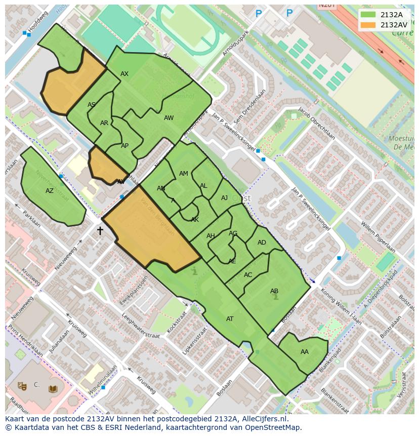 Afbeelding van het postcodegebied 2132 AV op de kaart.