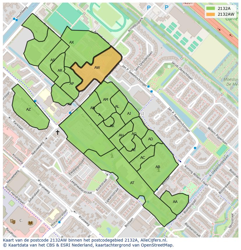 Afbeelding van het postcodegebied 2132 AW op de kaart.