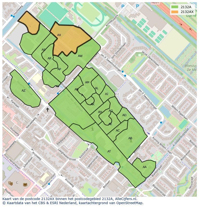 Afbeelding van het postcodegebied 2132 AX op de kaart.