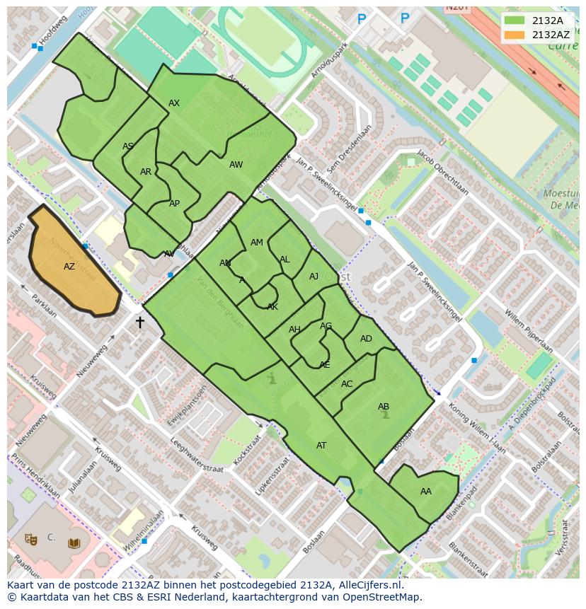 Afbeelding van het postcodegebied 2132 AZ op de kaart.