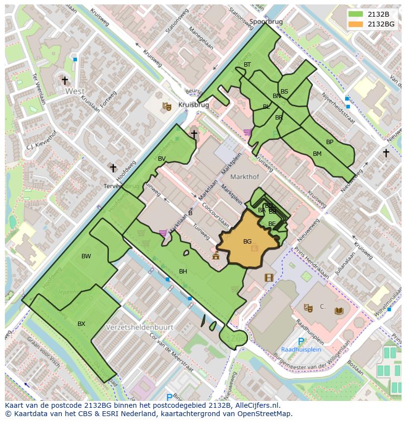 Afbeelding van het postcodegebied 2132 BG op de kaart.