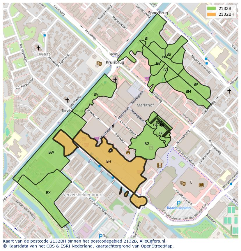 Afbeelding van het postcodegebied 2132 BH op de kaart.