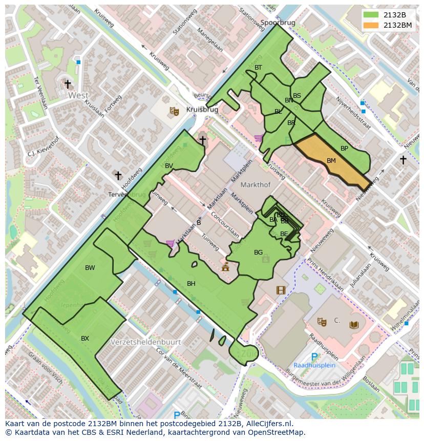 Afbeelding van het postcodegebied 2132 BM op de kaart.