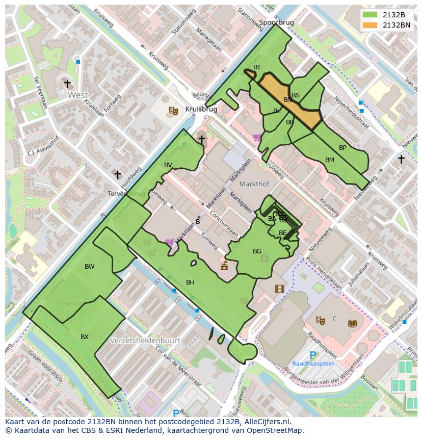 Afbeelding van het postcodegebied 2132 BN op de kaart.