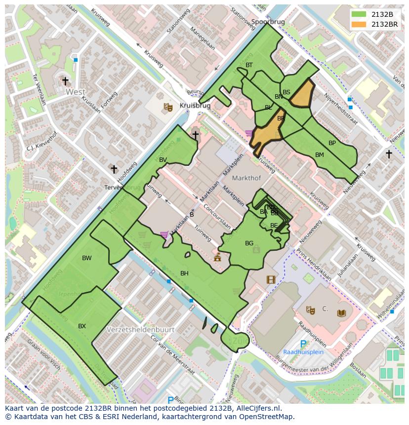 Afbeelding van het postcodegebied 2132 BR op de kaart.