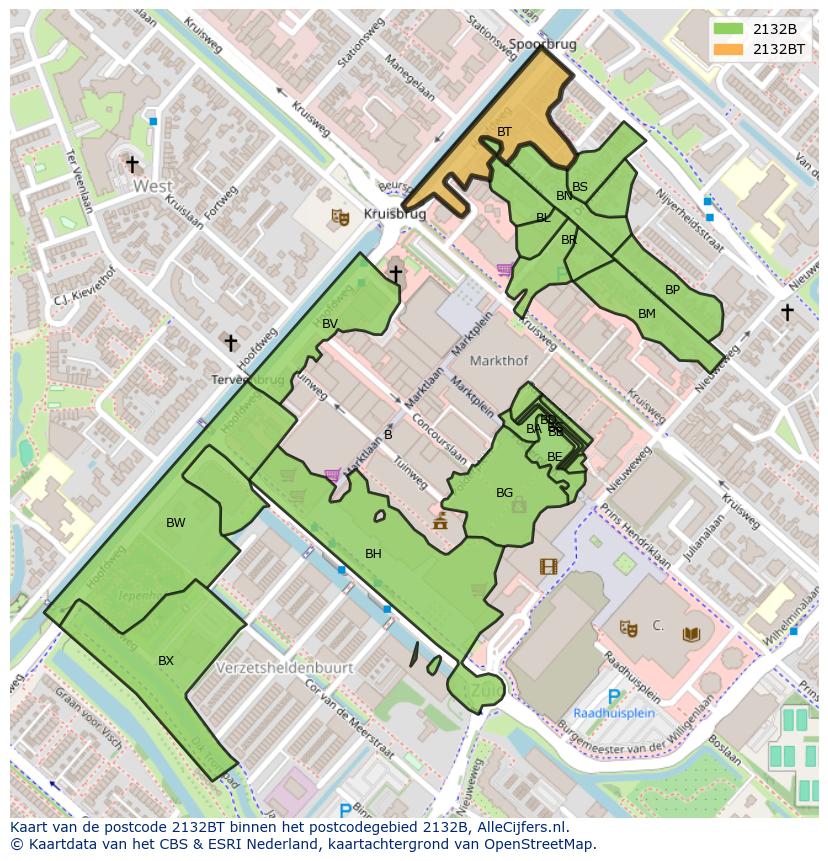 Afbeelding van het postcodegebied 2132 BT op de kaart.
