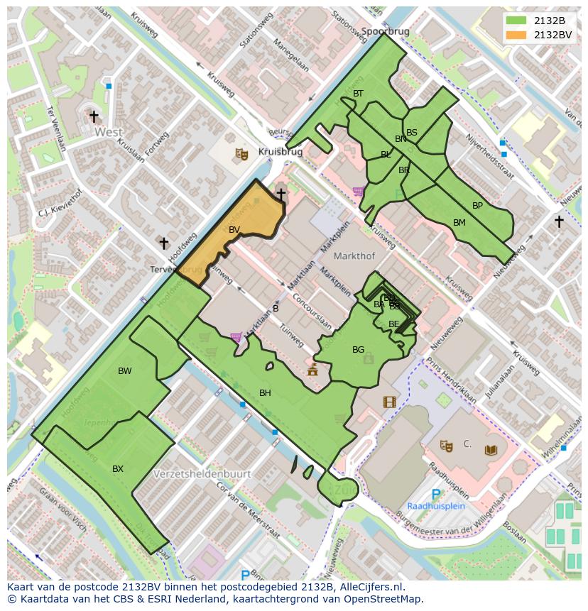 Afbeelding van het postcodegebied 2132 BV op de kaart.