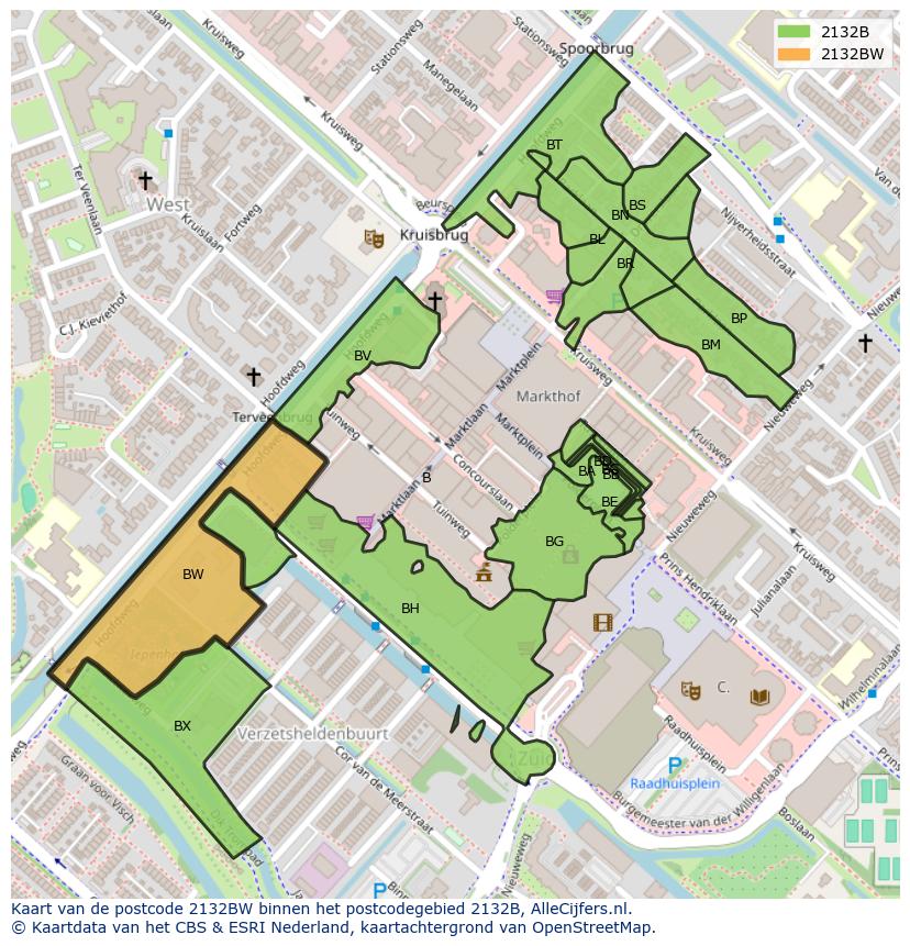 Afbeelding van het postcodegebied 2132 BW op de kaart.