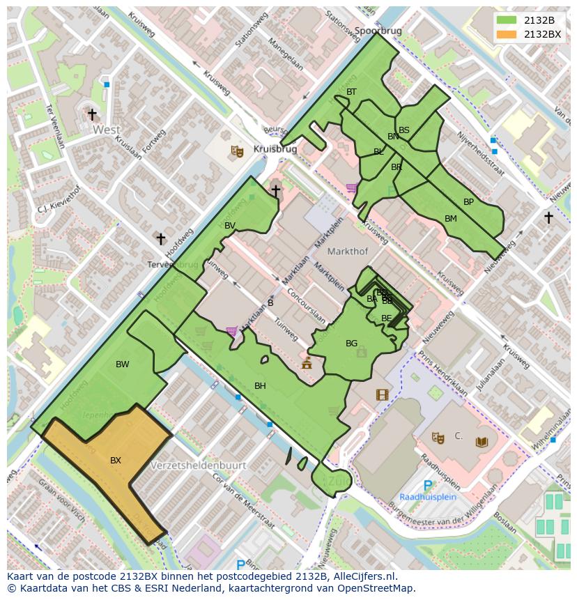 Afbeelding van het postcodegebied 2132 BX op de kaart.