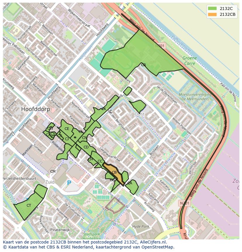 Afbeelding van het postcodegebied 2132 CB op de kaart.
