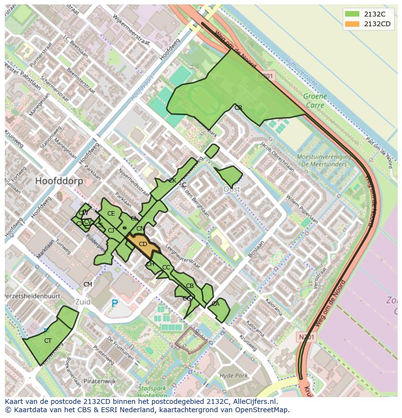 Afbeelding van het postcodegebied 2132 CD op de kaart.