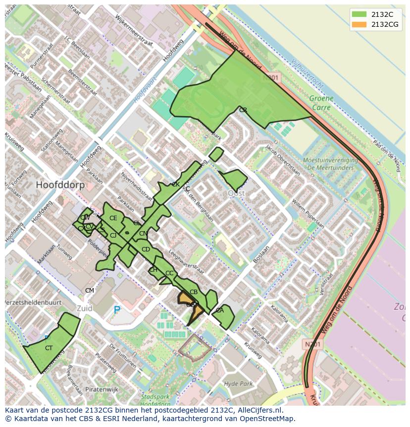 Afbeelding van het postcodegebied 2132 CG op de kaart.