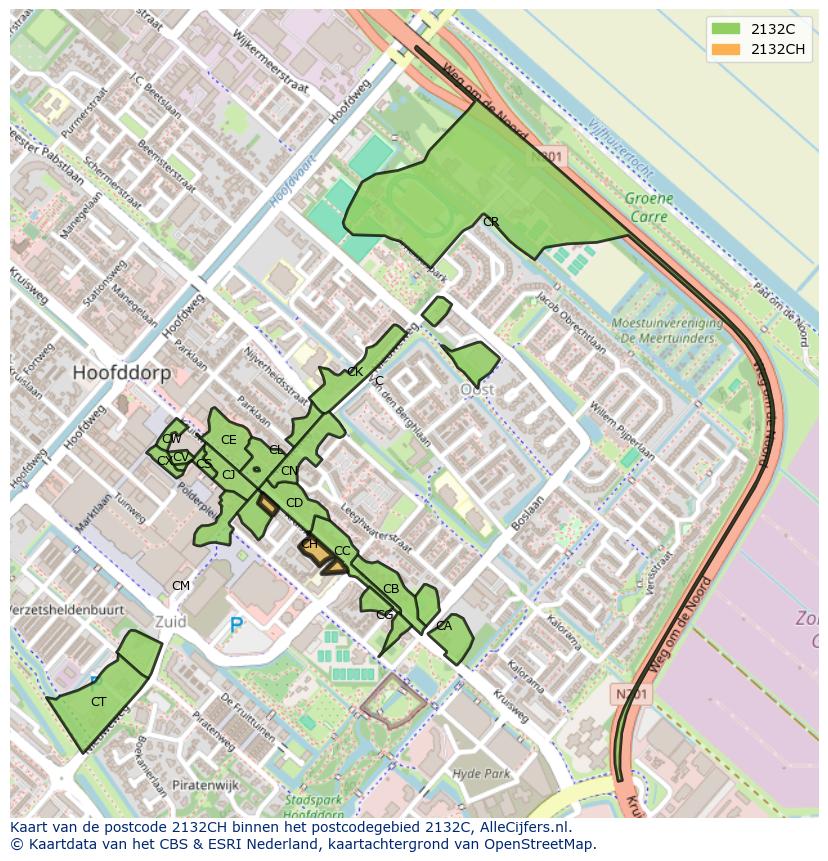 Afbeelding van het postcodegebied 2132 CH op de kaart.
