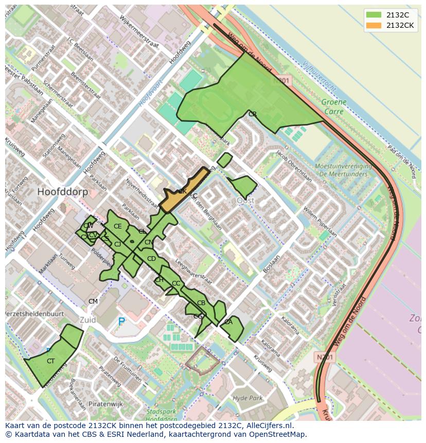 Afbeelding van het postcodegebied 2132 CK op de kaart.