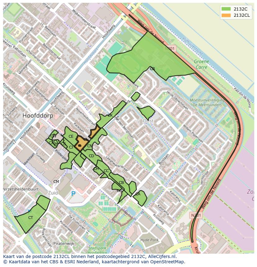 Afbeelding van het postcodegebied 2132 CL op de kaart.