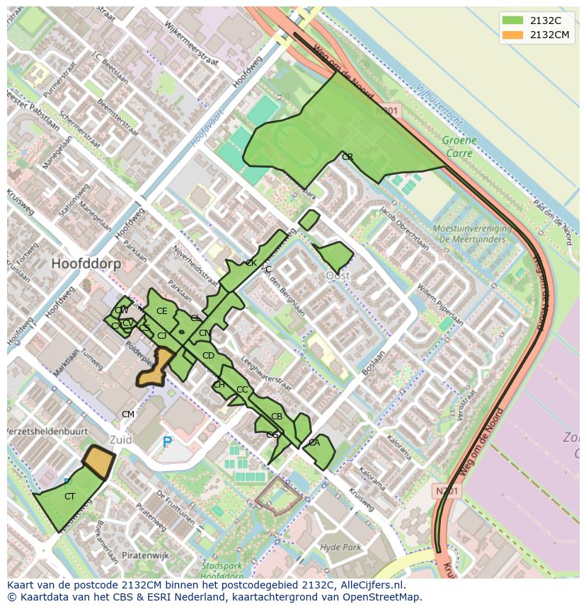 Afbeelding van het postcodegebied 2132 CM op de kaart.