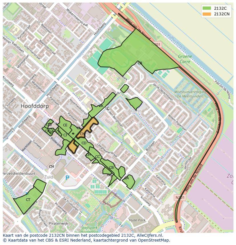 Afbeelding van het postcodegebied 2132 CN op de kaart.