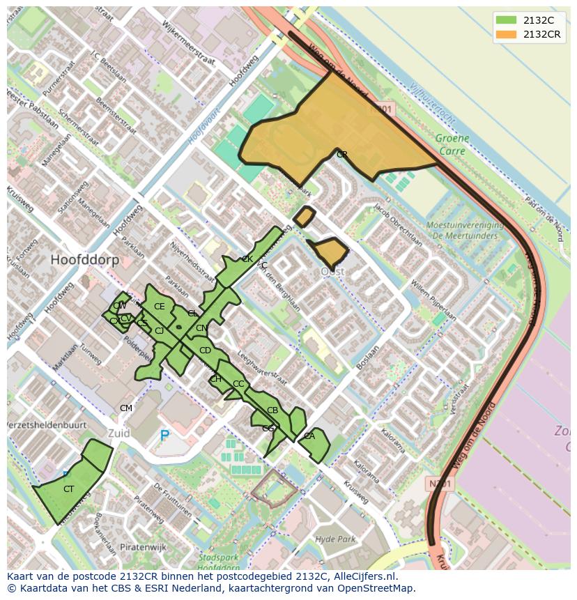 Afbeelding van het postcodegebied 2132 CR op de kaart.
