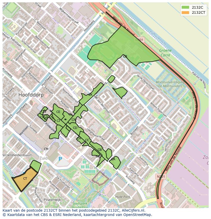 Afbeelding van het postcodegebied 2132 CT op de kaart.