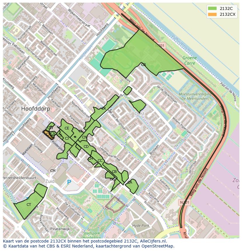 Afbeelding van het postcodegebied 2132 CX op de kaart.