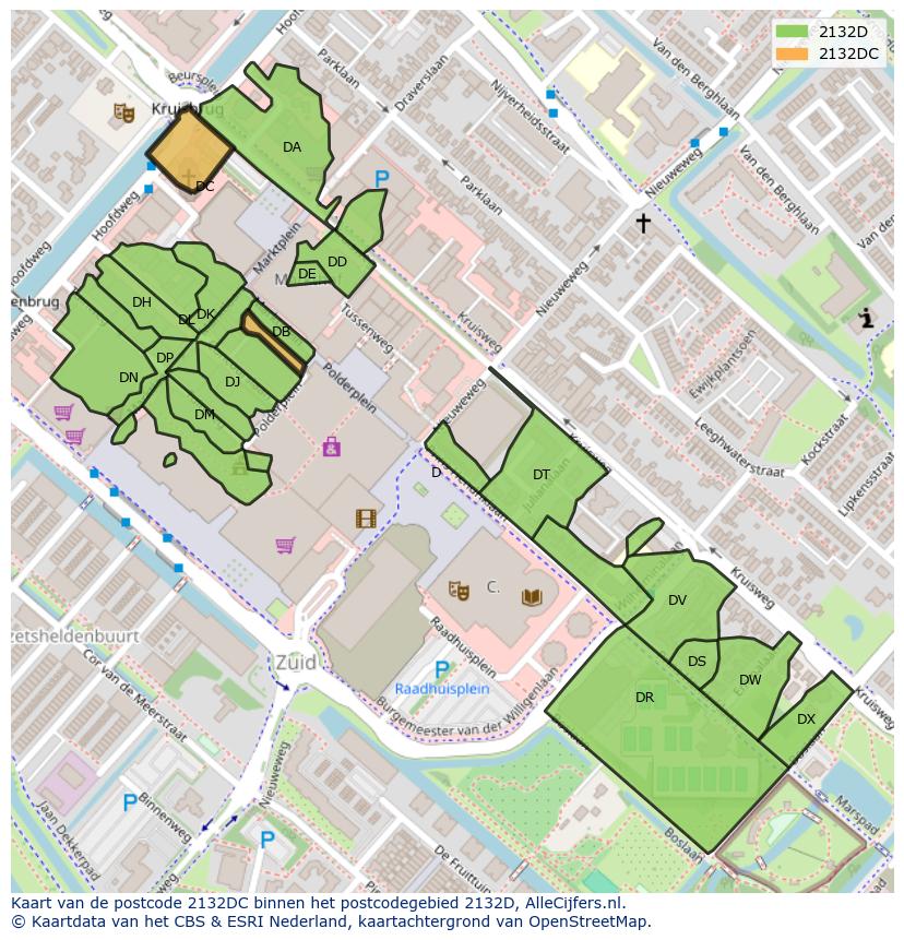 Afbeelding van het postcodegebied 2132 DC op de kaart.