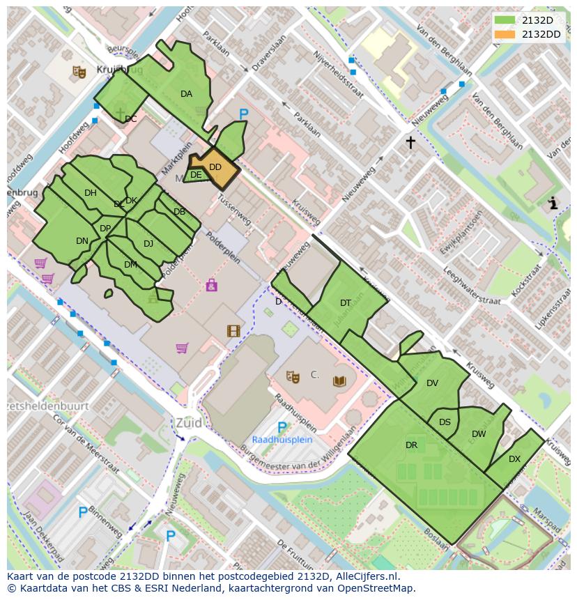 Afbeelding van het postcodegebied 2132 DD op de kaart.