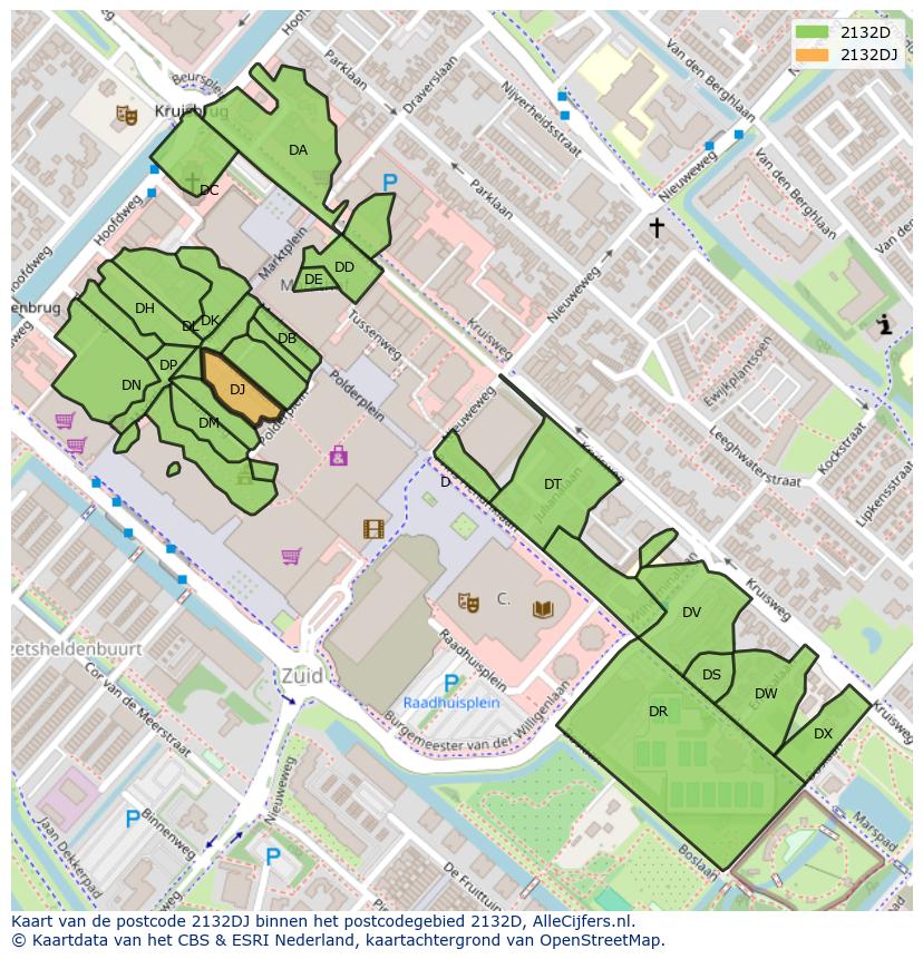 Afbeelding van het postcodegebied 2132 DJ op de kaart.
