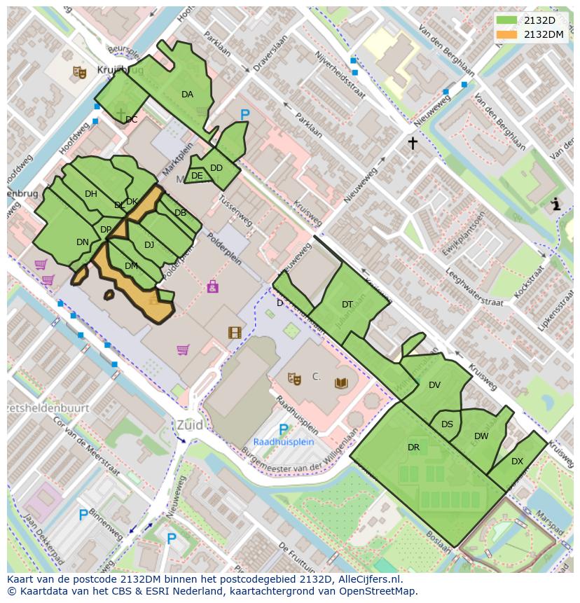 Afbeelding van het postcodegebied 2132 DM op de kaart.