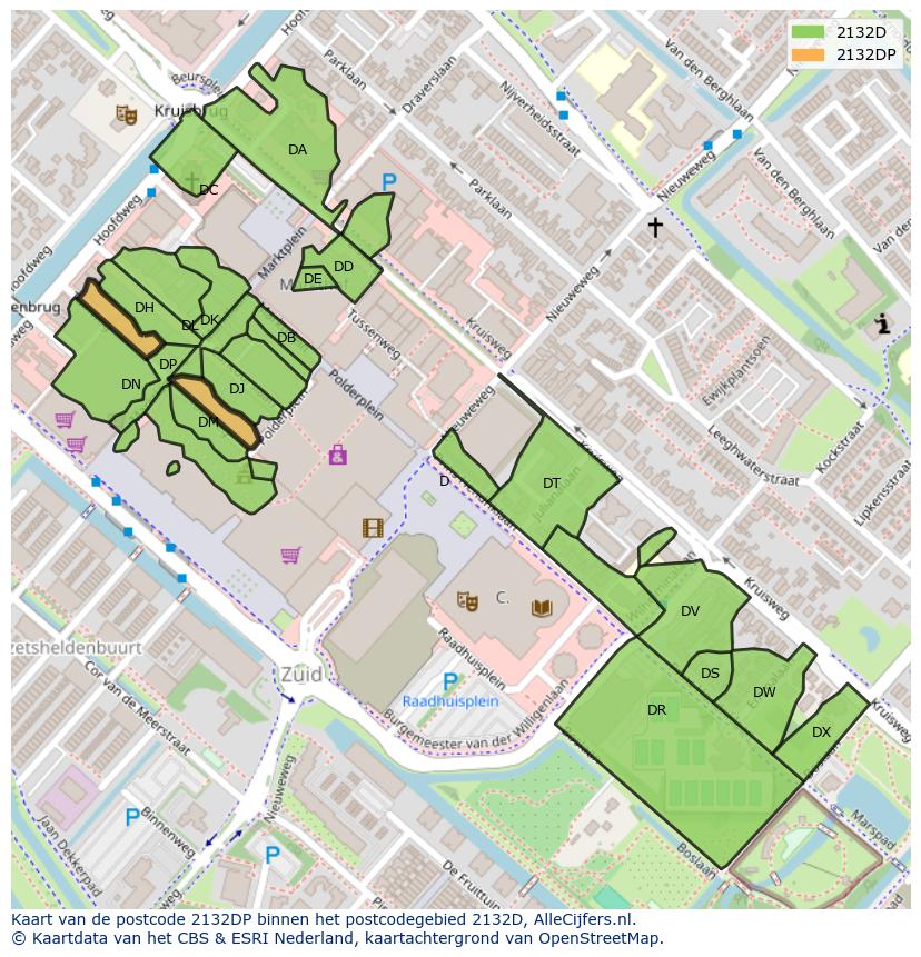 Afbeelding van het postcodegebied 2132 DP op de kaart.
