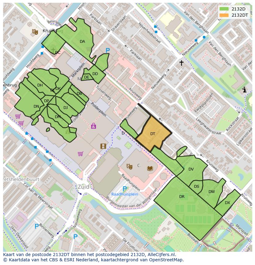 Afbeelding van het postcodegebied 2132 DT op de kaart.