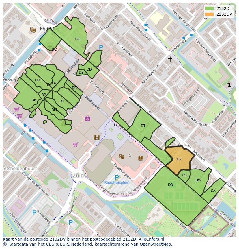 Afbeelding van het postcodegebied 2132 DV op de kaart.