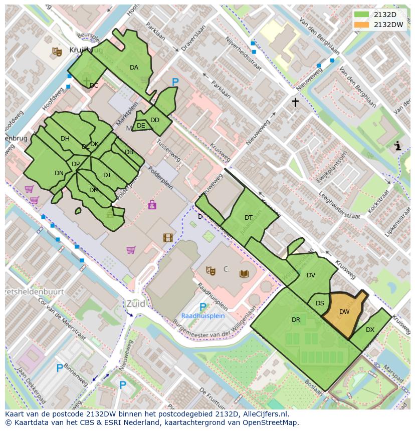 Afbeelding van het postcodegebied 2132 DW op de kaart.