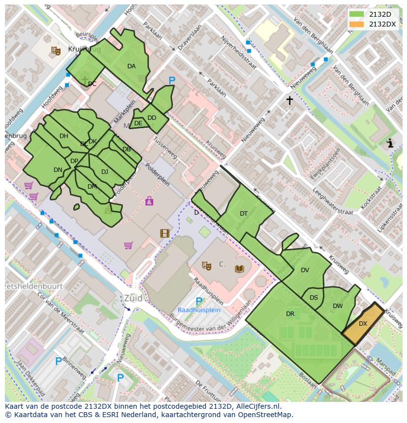 Afbeelding van het postcodegebied 2132 DX op de kaart.