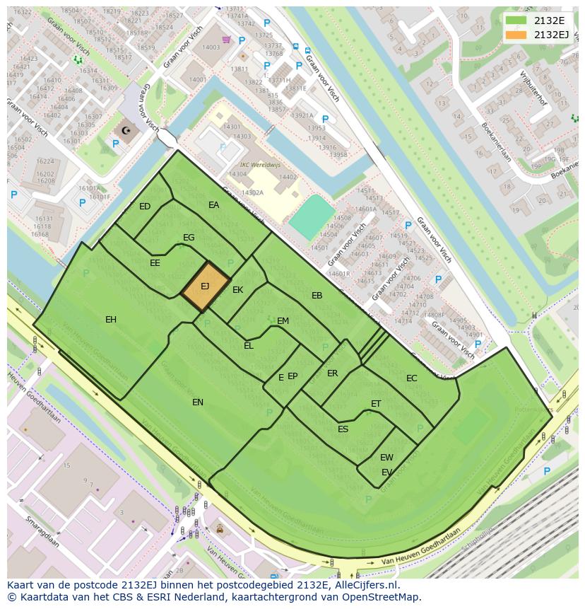 Afbeelding van het postcodegebied 2132 EJ op de kaart.