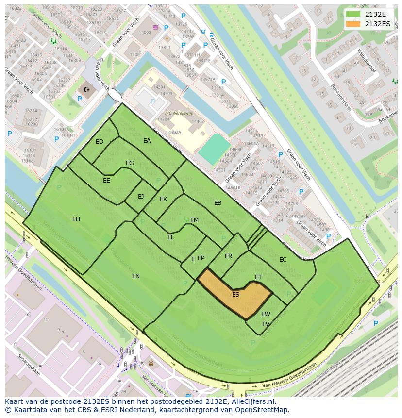 Afbeelding van het postcodegebied 2132 ES op de kaart.