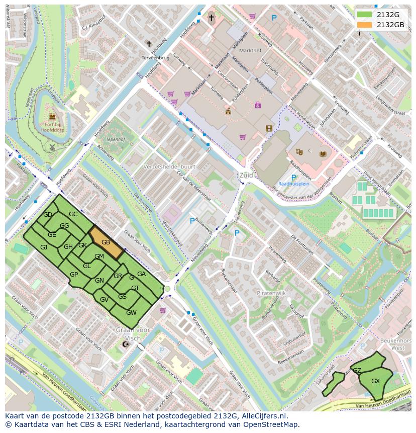 Afbeelding van het postcodegebied 2132 GB op de kaart.