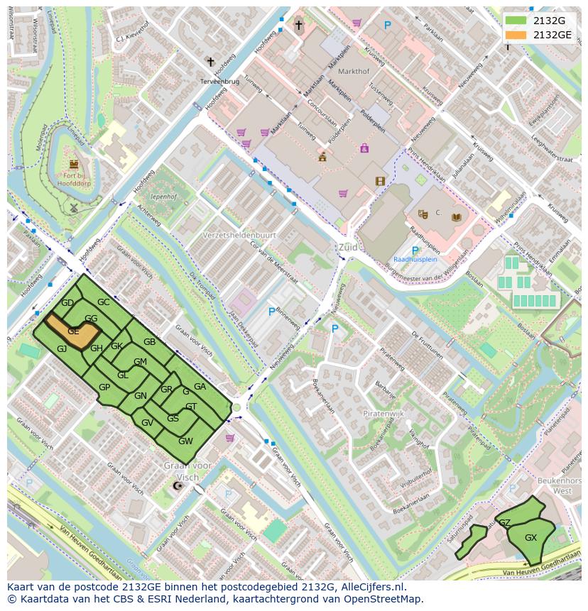 Afbeelding van het postcodegebied 2132 GE op de kaart.