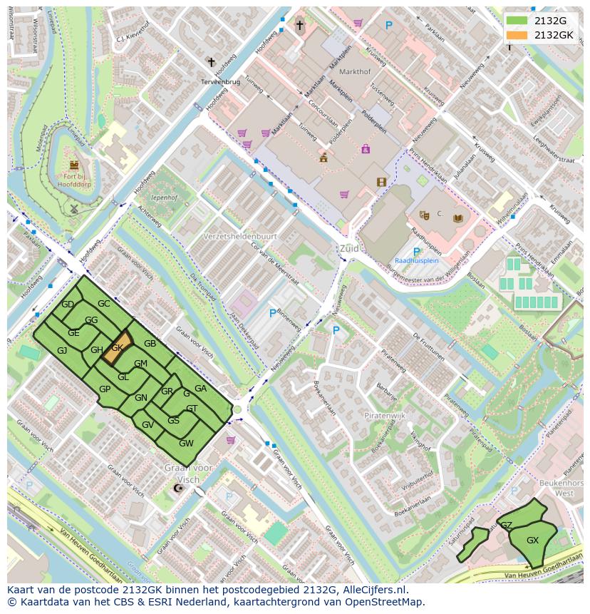 Afbeelding van het postcodegebied 2132 GK op de kaart.