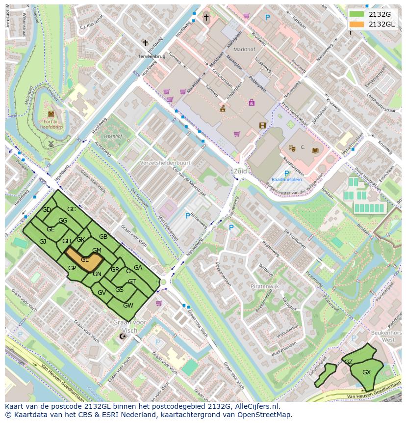 Afbeelding van het postcodegebied 2132 GL op de kaart.