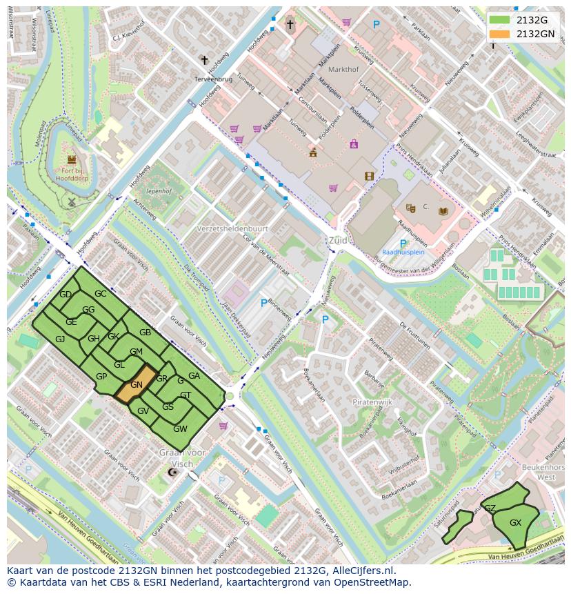 Afbeelding van het postcodegebied 2132 GN op de kaart.