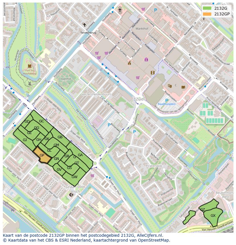 Afbeelding van het postcodegebied 2132 GP op de kaart.