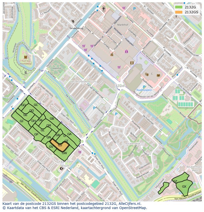 Afbeelding van het postcodegebied 2132 GS op de kaart.