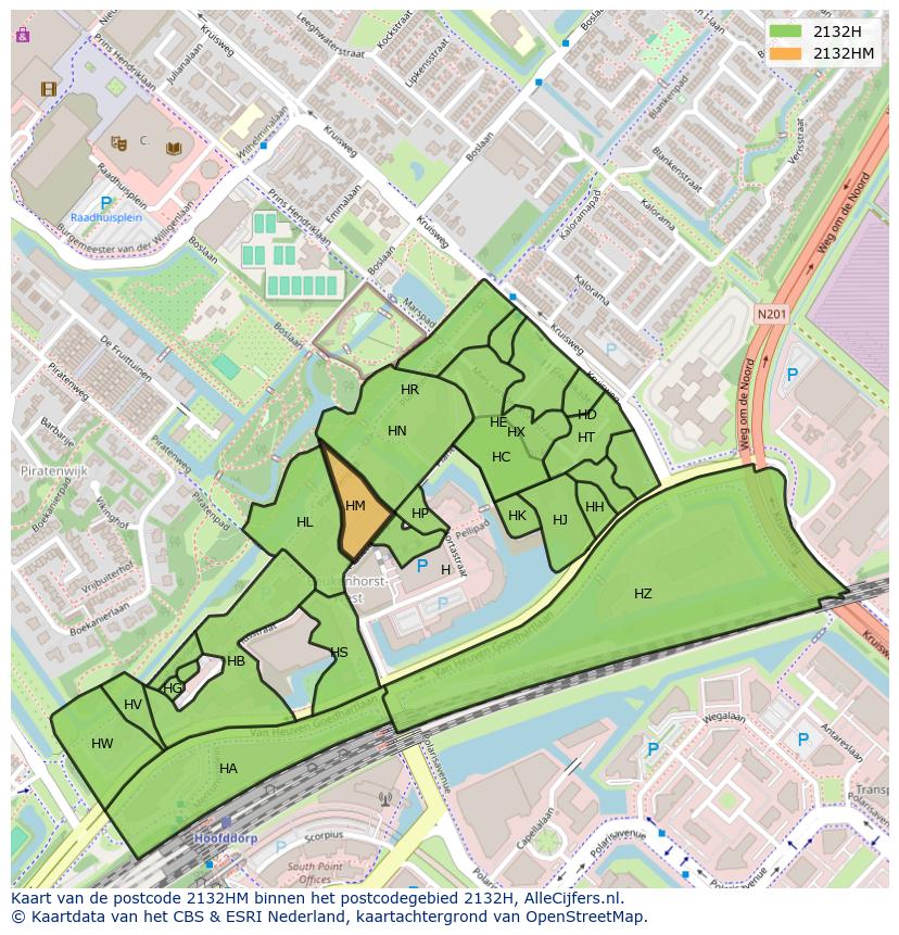 Afbeelding van het postcodegebied 2132 HM op de kaart.