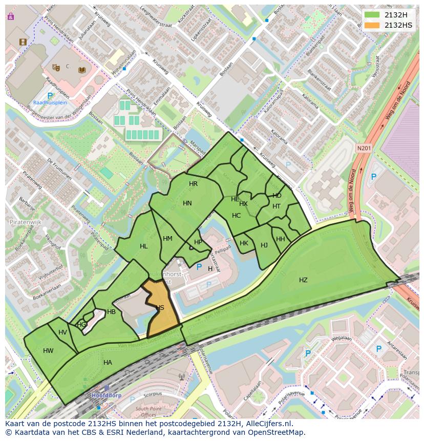 Afbeelding van het postcodegebied 2132 HS op de kaart.