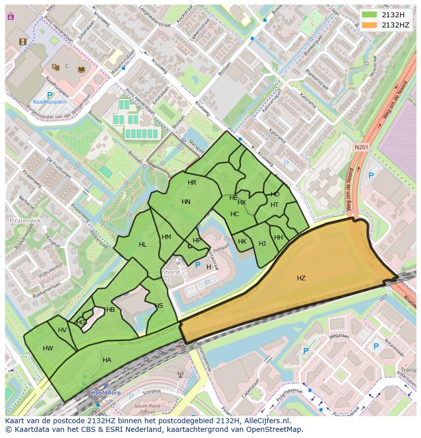 Afbeelding van het postcodegebied 2132 HZ op de kaart.