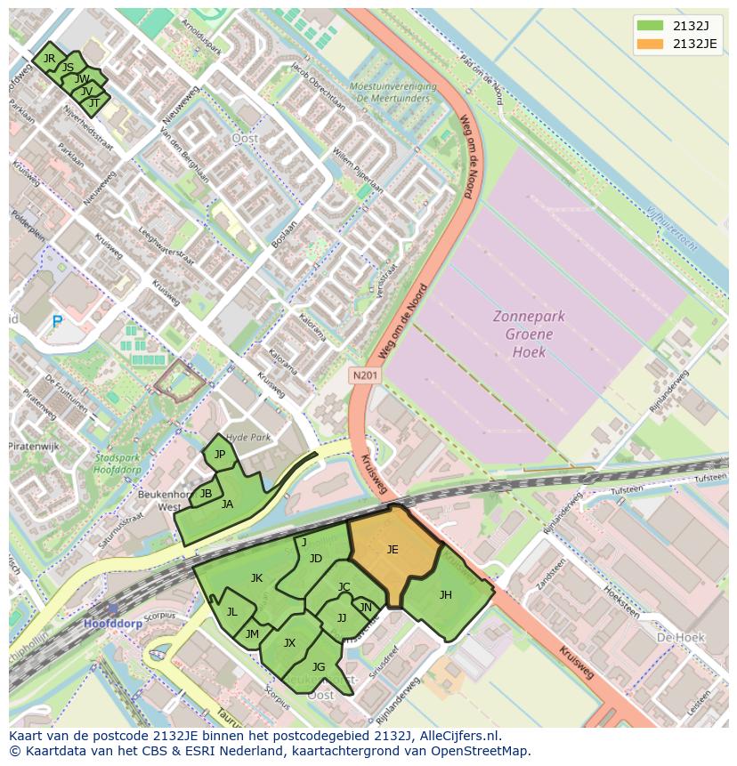 Afbeelding van het postcodegebied 2132 JE op de kaart.
