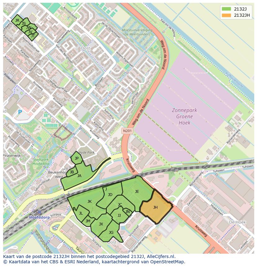 Afbeelding van het postcodegebied 2132 JH op de kaart.