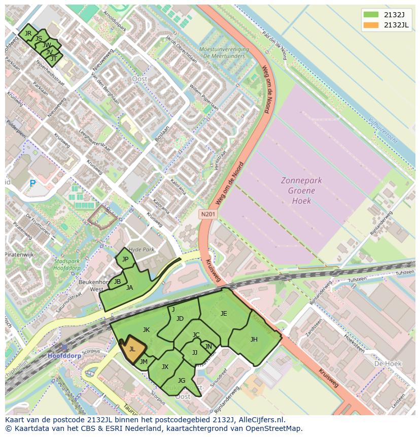 Afbeelding van het postcodegebied 2132 JL op de kaart.