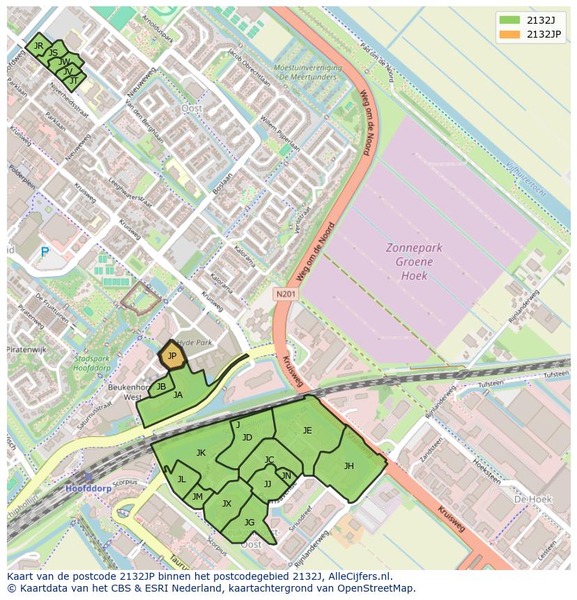 Afbeelding van het postcodegebied 2132 JP op de kaart.